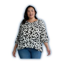 Terra & Sky Plus Size Poet Sleeve Blouse 3X, Abstract Floral, NWT
