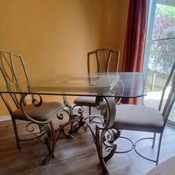 Iron Wood & Glass Kitchen Table With 4 Chairs