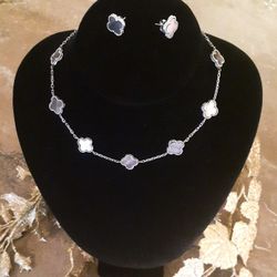 14k White Gold Clover Leaf Necklace And Earrings Set Black Mother Of Pearl 