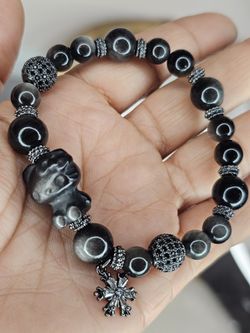 NEW HELLO KITTY Black SILVWR AHEEN OBSIDIAN Beaded Bracelet with Snowflake Charm