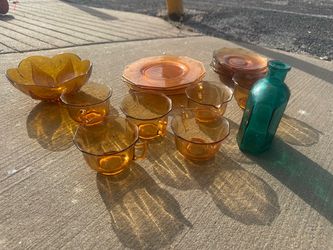 Vintage Amber Depression Glass Set with Teal Bottle