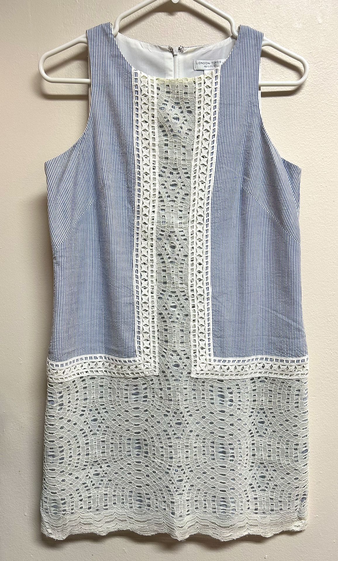London Times- Blue White Seersucker Lace Detailed Dress/Size 6p