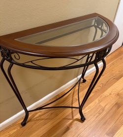 Demilune Wood and Metal Console Table with Glass Inlay. Read description 1st