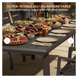 6pcs chair+82.7 in. Patio Aluminum Black Outdoor Dining Table with Umbrella Hole