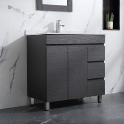 32 in. White or Black Bath Vanity Ceramic Top Sink Wood Bathroom Cabinet with Mirror