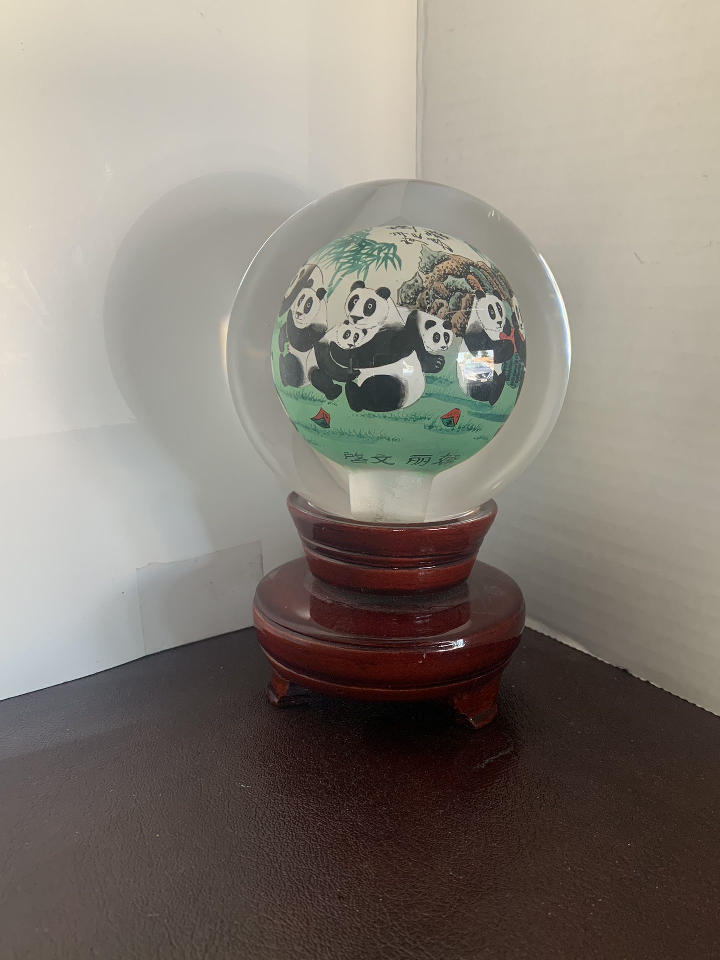ORIENTAL Crystal Glass Reverse Hand Painted  PANDA BEAR GLOBE W/TEAK STAND
