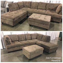 Brand Brown Chenille Fabric Sectional With Storage Ottoman