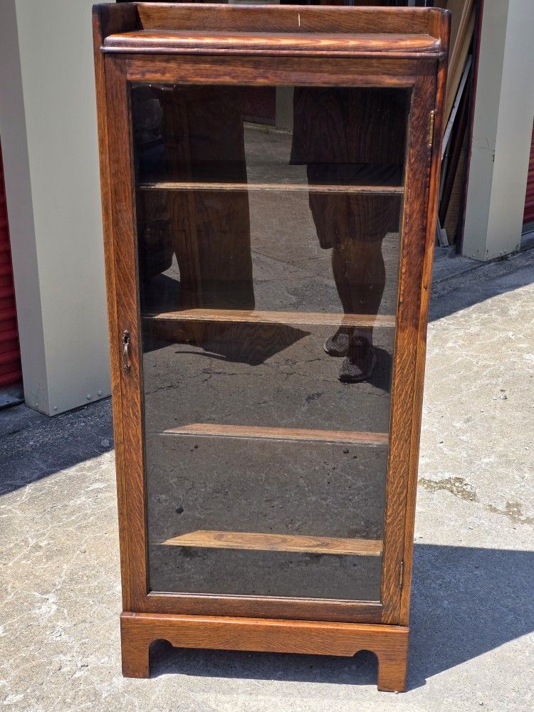 Antique Primitive Oak Glass Front Cabinet