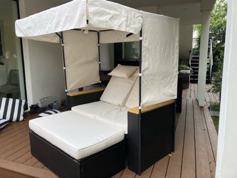 Outdoor Lounger Daybed with Canopy and Storage Ottoman
