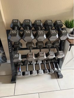 Dumbbell weights 5-60lbs plus rack 560lbs total