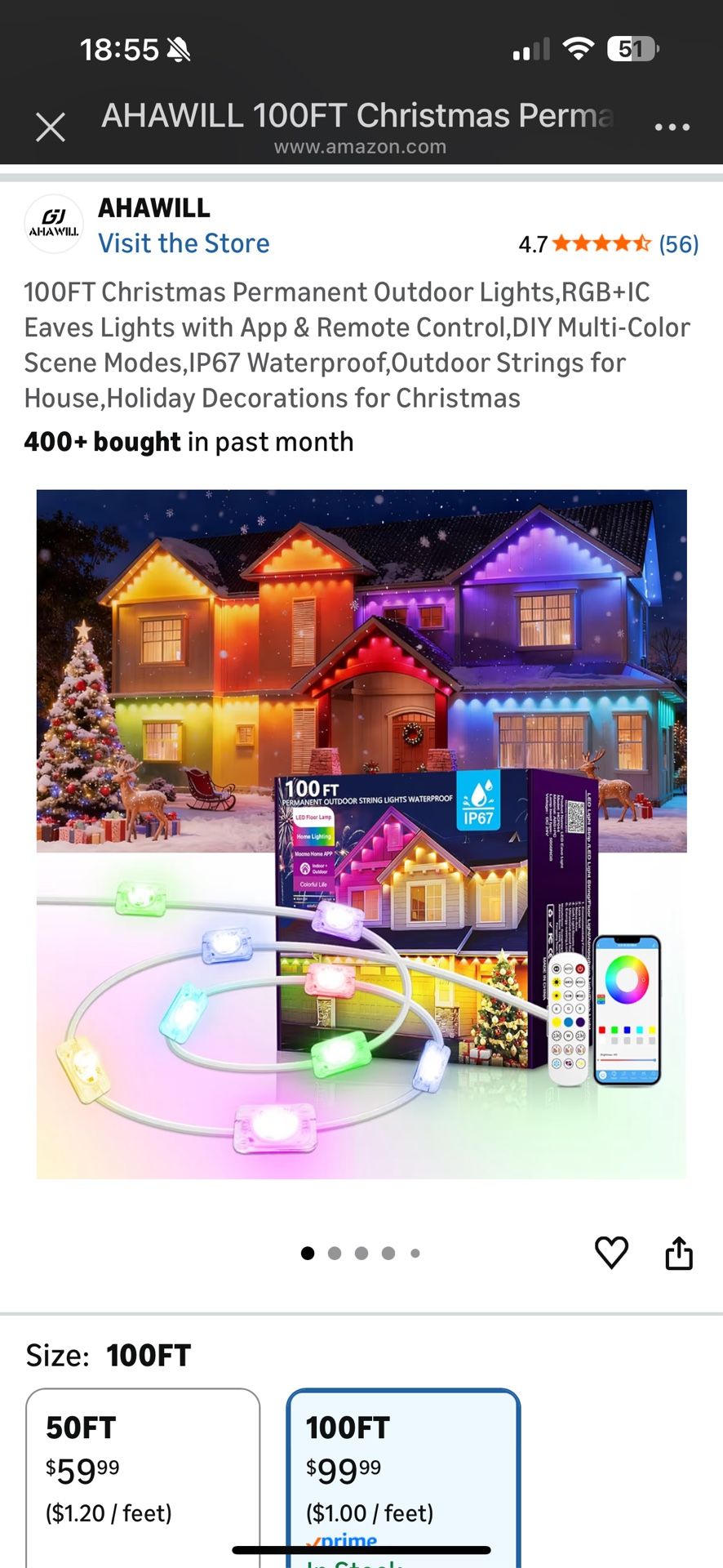 100FT Christmas Permanent Outdoor Lights,RGB+IC Eaves Lights with App & Remote Control,DIY Multi-Color Scene Modes,IP67 Waterproof,Outdoor Strings for