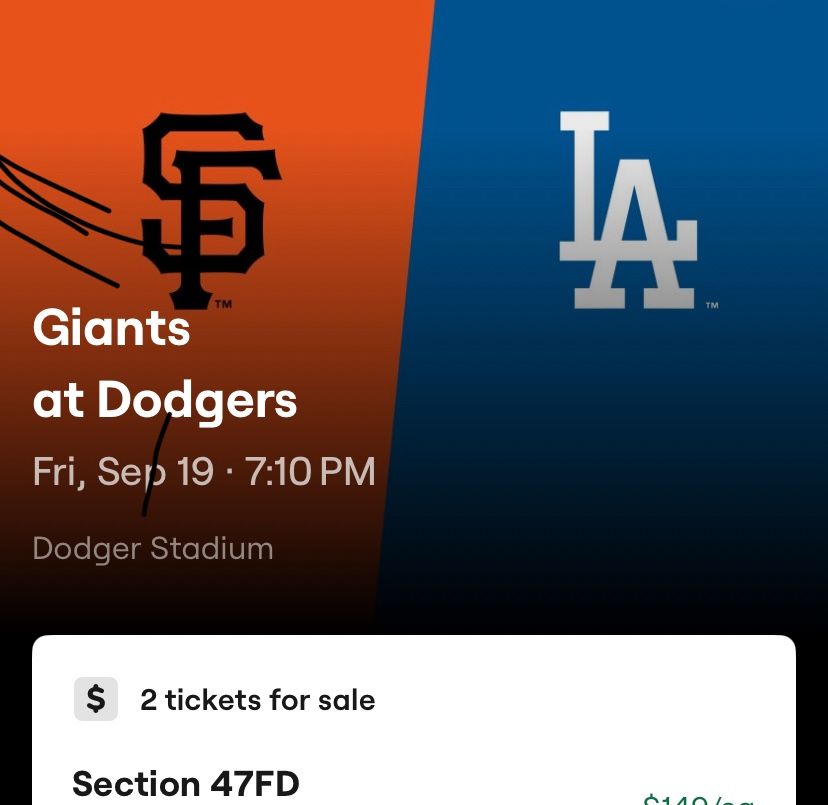 Giants Vs Dodgers ( Bobble Head Night 2 Field Level Tickets)