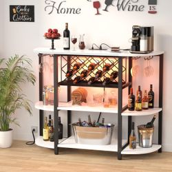 Bar Table Cabinet with Charging Station,Wine Rack Table with LED Light