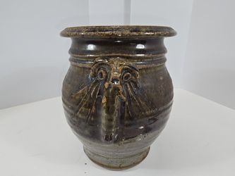 Vintage 16 Inch Tall Brown Glazed Vase With Incised Detailing And Owl Design Signed Strawn