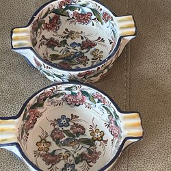 Portuguese Hand Painted Ceramic Bowls, Bird,  Flower, And Blue Trim