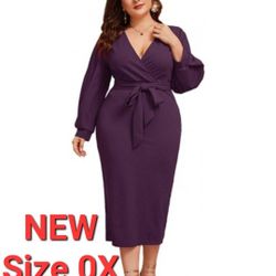 Women's Plunging V Neck Bishop Sleeve Bodycon Belted Dress Purple 0XL