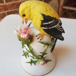 Vintage porcelain dinner bell titled "The American Goldfinch" created by artist Peter Barrett for the Franklin Mint in 1980. 