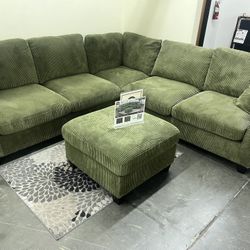 New Corduroy Sectional.  Green, Grey, Beige.  99” X 99”.  Free Delivery!