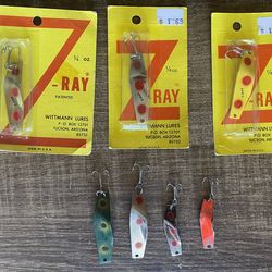 Lot of 7 original vintage Z-Ray spoon fishing lure by Wittmann Lures, made in the USA.