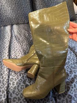 Olive Green Croc Embossed Knee-High Boots SIZE 6