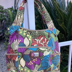 Fossil woman flower leather canvas hobo