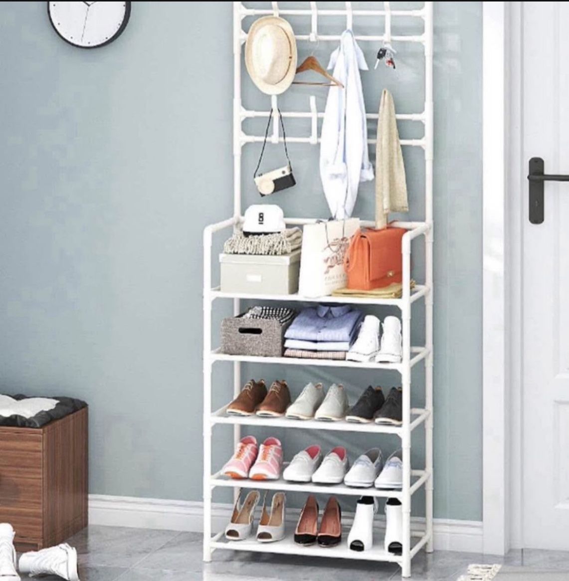 2 Colors Available——Industrial Coat Rack Stand with Shoe Storage 8 Hooks Hall Tree Free Standing Entryway nizer Stylish Coat Hanger for Living Room &