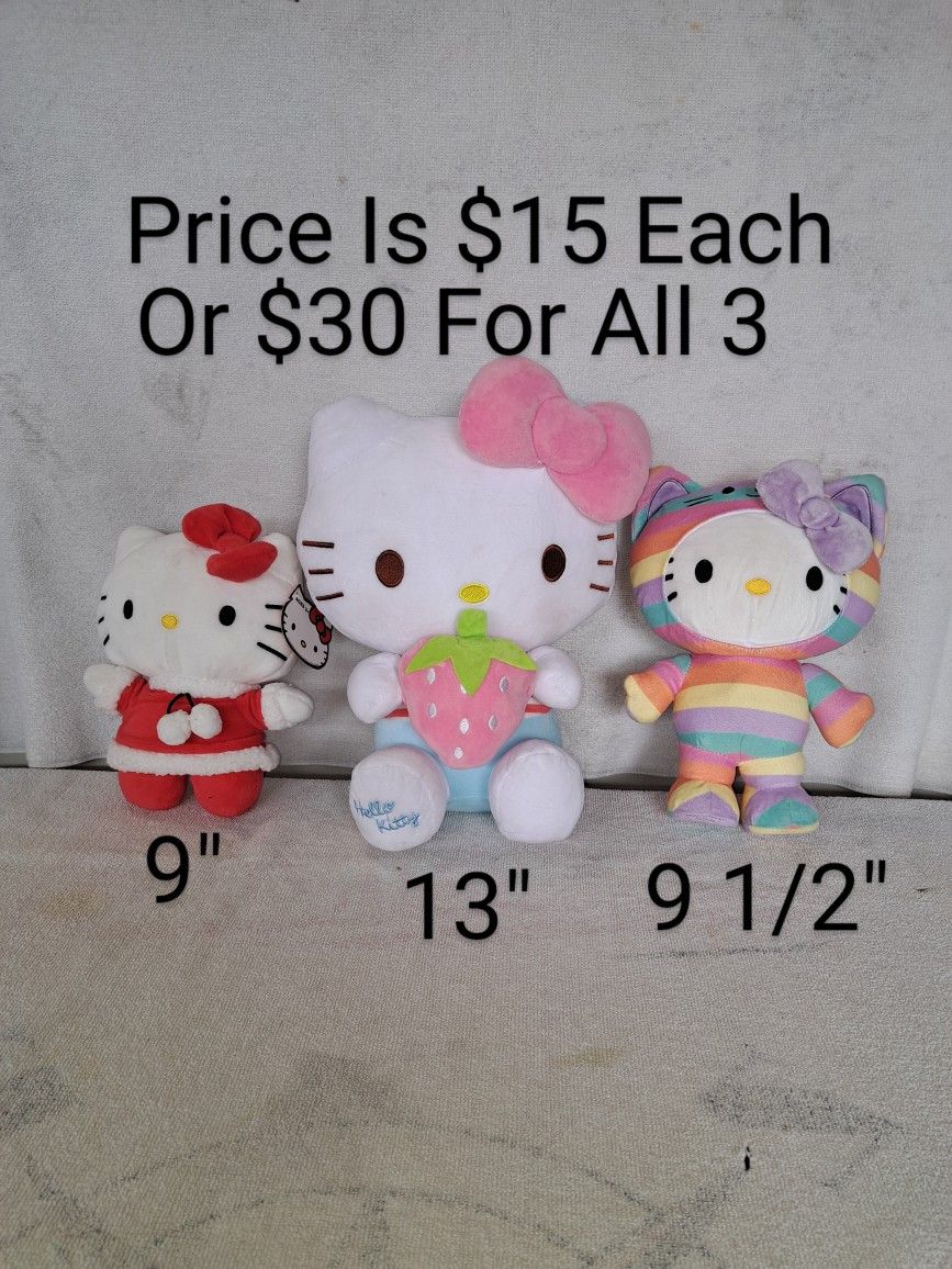 3 Hello Kitty Plushes In Excellent New Condition All For 1 Price (Price Is $15 Each Or $30 For All 3)
