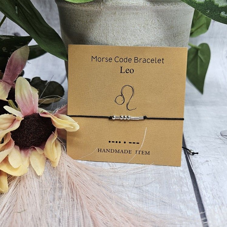 Leo Morse Code Horoscope Zodiac Letter Card Friendship adjustable Bracelet anklet July 23 to August 22 silver black approximately adjusts from 6.3 inc