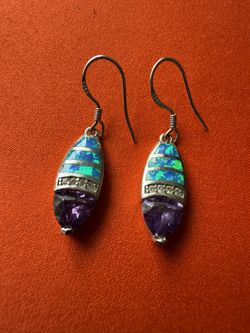 Beautiful 925 Silver Earrings With Opal Amethyst And Diamonds 