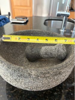 stone mortar and pestle large. 7" wide inside the bowl.
