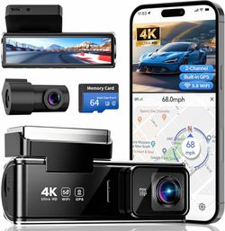 4K Dual Dash Cam Front & Rear GPS WiFi Dash Camera w/ 64GB Card