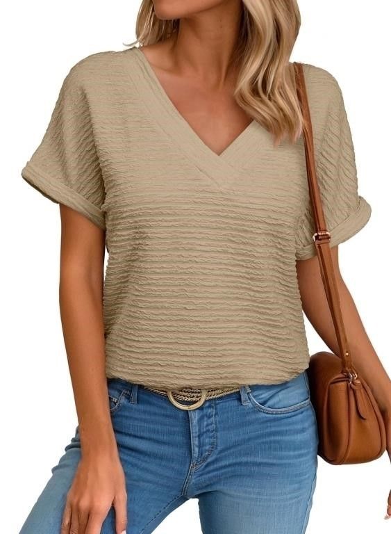 New Sz Large V Neck Textured Tan Beige Short Sleeve Top