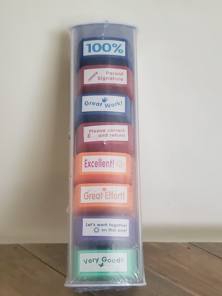 Self-Inking Teacher Stamp Set-Colorful Stamp with Storage Tray-8Pcs-Brand New!!