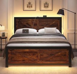 King Size Led Bed Frame with USB Charging Station, Industrial Platform Bed Frame with Farmhouse Barn Door Headboard, Strong Metal Slats Support, Brown