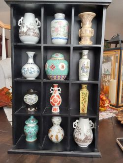 Set of 12 Miniature Chinese Porcelain Vases with Display Shelf
