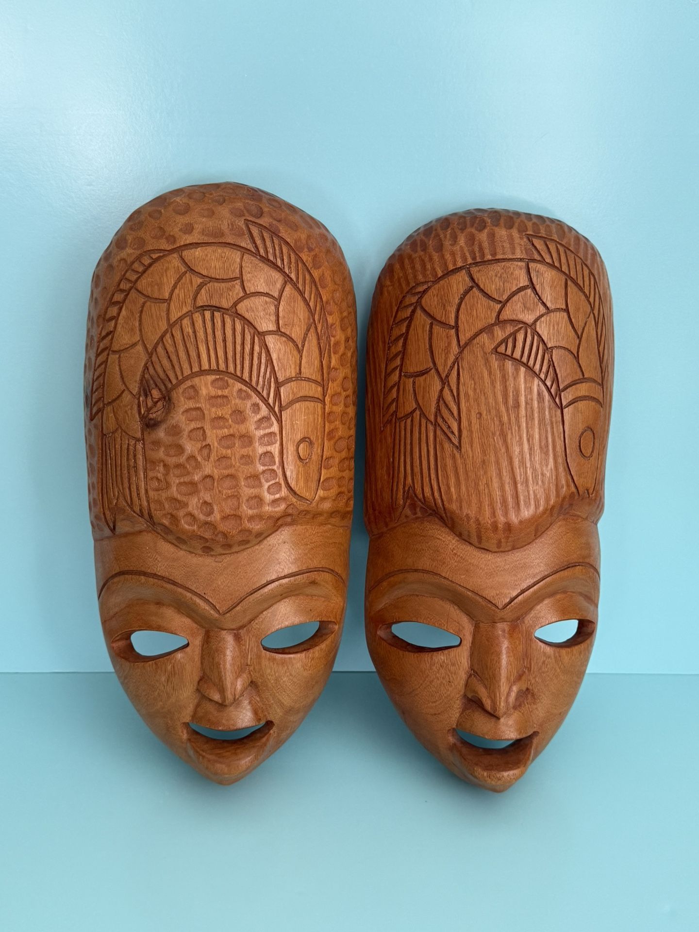 Vintage Pair of African Hand Carved Wooden Tribal Masks