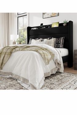 Black Wood Bed Frame with Storage Headboard