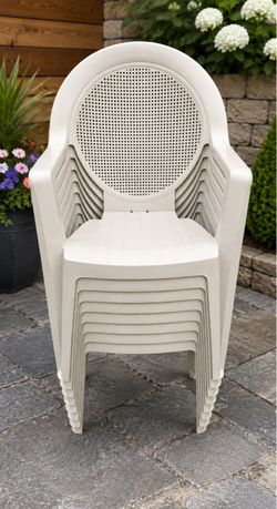 8 total White Plastic Stackable Outdoor Chairs Set
