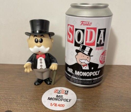 BRAND NEW COOLEST LIMITED EDITION COLLECTIBLE FUNKO SODA CAN WITH FIGURE OF MR. MONOPOLY!