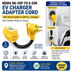 EV Charger Dryer Plug Adapter Cord – NEMA N6-30P to 6-20R – NEW – 1 Foot – $25