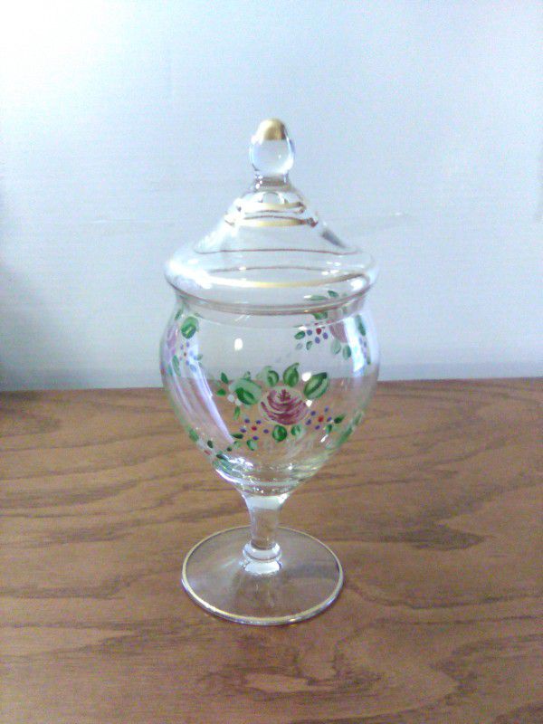 Clear Glass Apothecary Jar Floral Decor Gold Trim