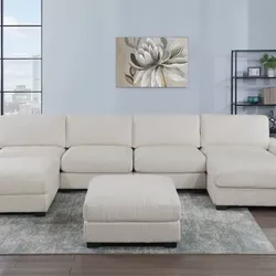 Brand New Beige Super Plush Corduroy Modular Sectional Sofa w Ottoman