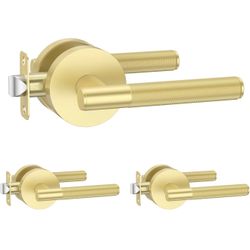 Amerdeco 3 Pack Brushed Gold Passage Door Handles,Heavy Duty Non-Locking Door Lever for Hall, Closet,Office Area, Shopping Malls AM0016