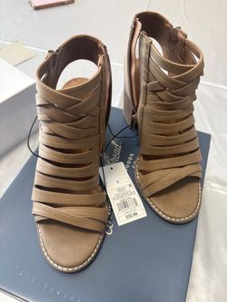 American Threads Taupe Gladiator Block Heel Sandals