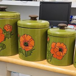 Antique Set Of (4) Ransburg Canisters Avocado Green With Orange Flowers(made in the 70's)
