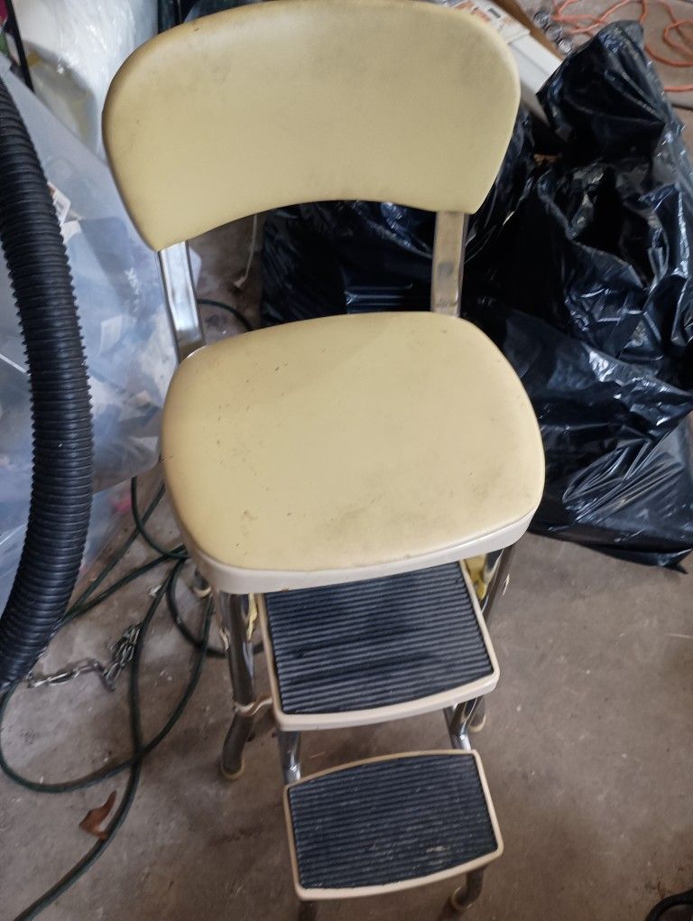 Vintage Cosco Yellow Step Stool Chair w/Pull Out Steps & Chrome Legs 1950s