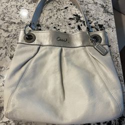 White And Silver Leather Coach Purse