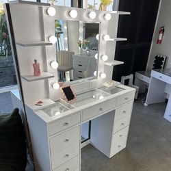NEW Vanity Desk + Mirror— LED Mirror + Dresser Table Organizer with Shelves