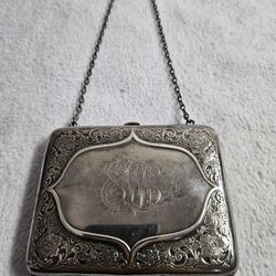 Antique Sterling Silver I Blackinton Engraved Purse / Wallet with Chain