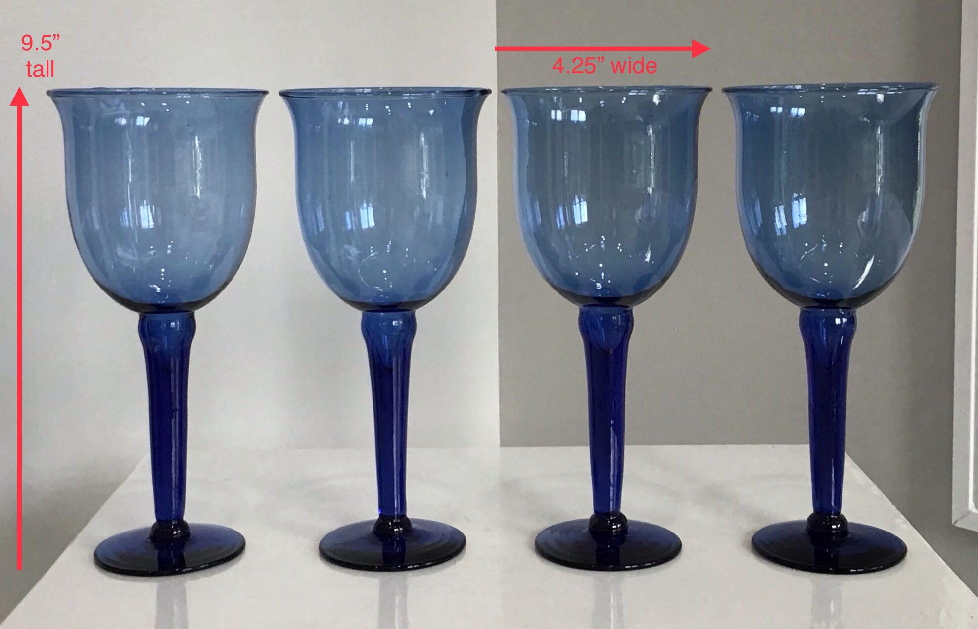 Set of 4 Tall Long Stemmed Cobalt Blue Glass Wine Goblets 